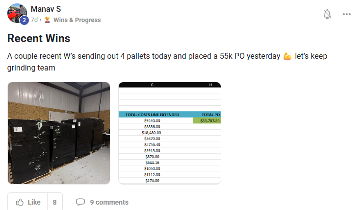 Student Manav sharing a $55k purchase order and four pallets shipped