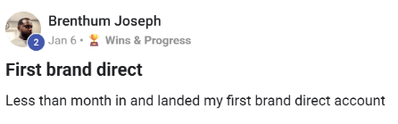 Student Brenthum landing his first brand direct account in less than a month
