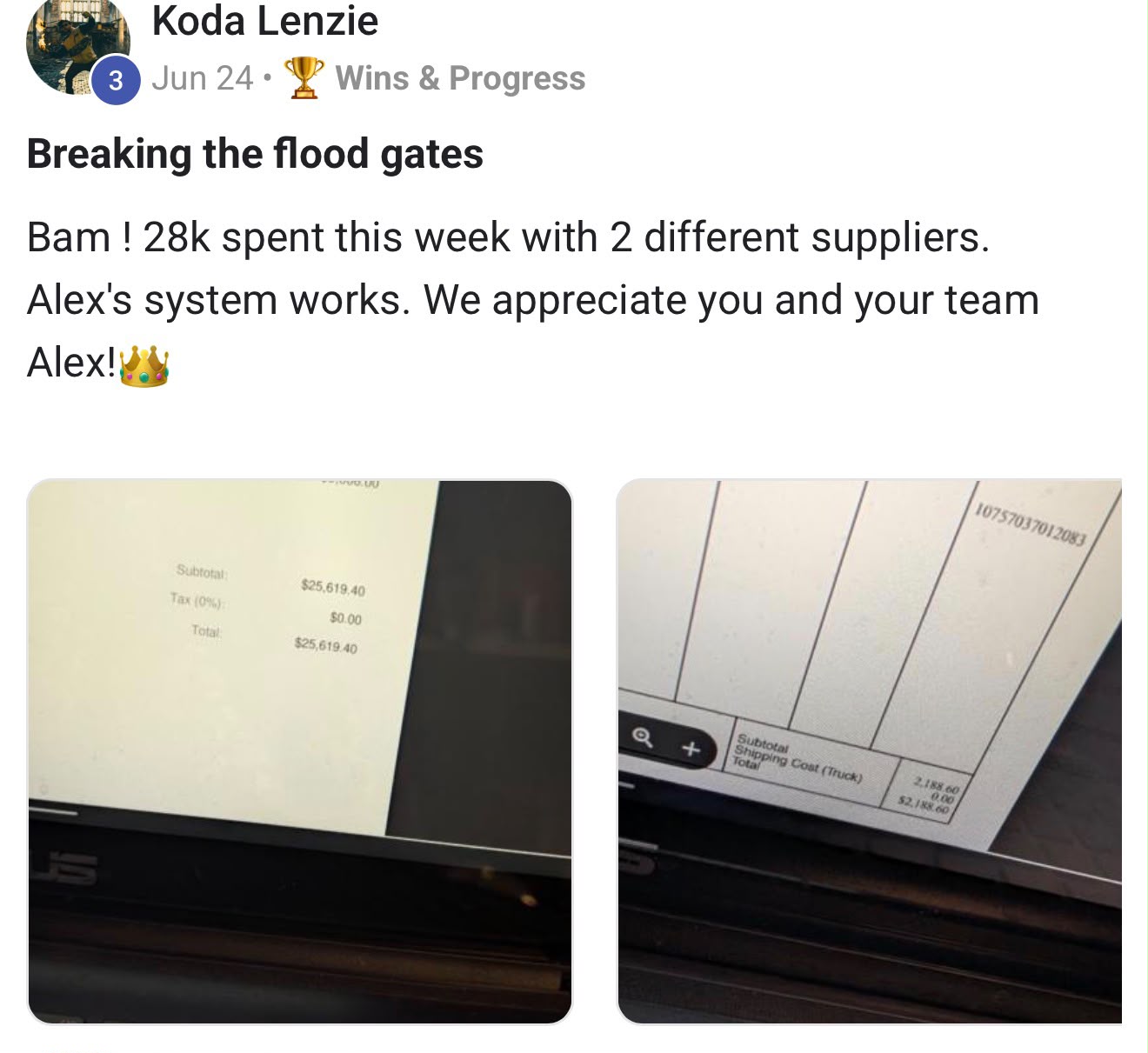 Student Koda spending $28k with two different suppliers in one week