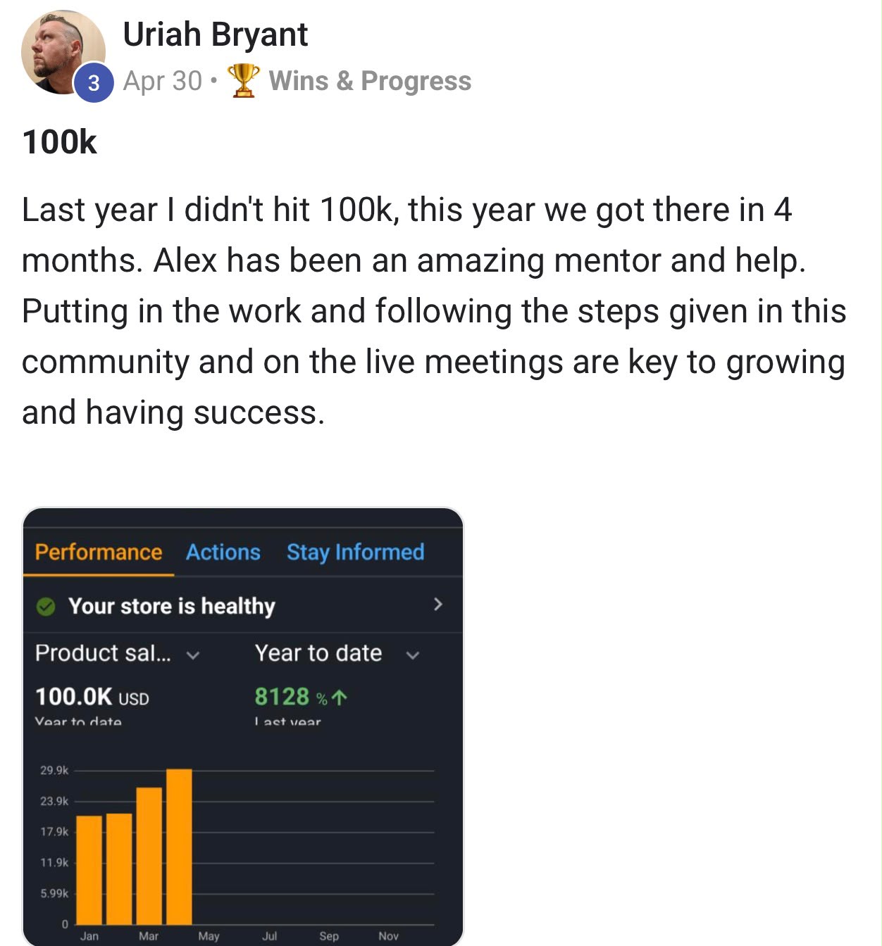 Student Uriah hitting $100k in sales in four months