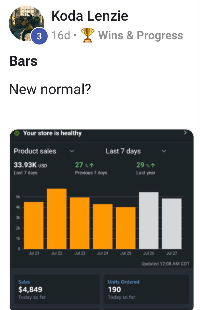 Student Koda showing $33.93k in product sales over the last seven days